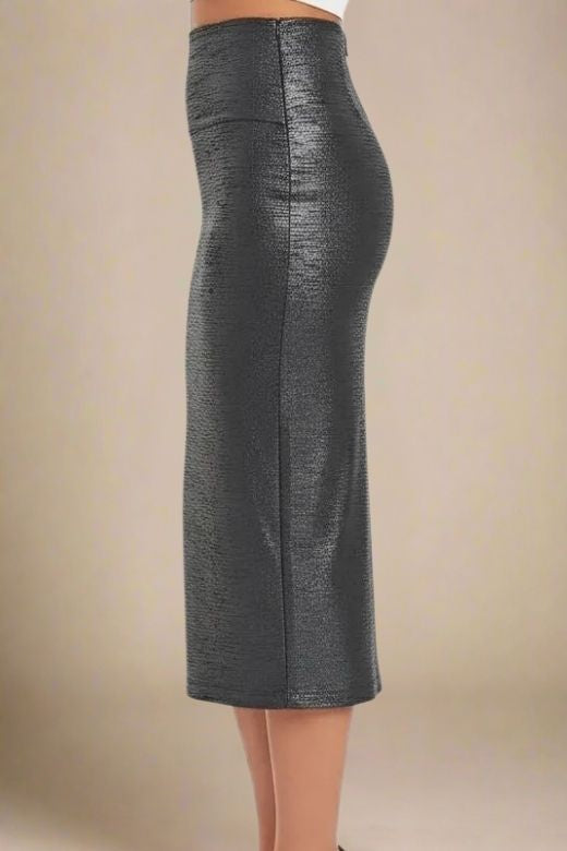 Woman wearing a figure flattering Pencil High Waist Leather Metallic Midi Skirt - Classic Black BODYCON COLLECTION