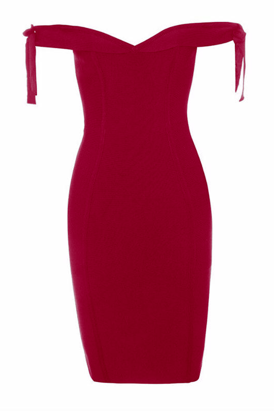 Woman wearing a figure flattering Penelope Bandage Mini Dress - Red Wine BODYCON COLLECTION