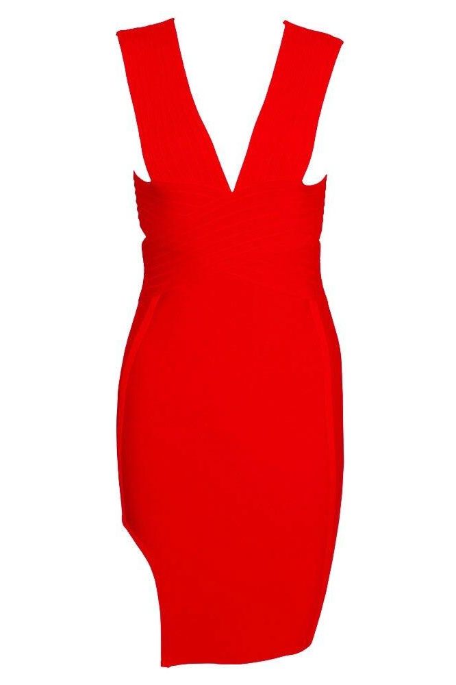 Woman wearing a figure flattering Pia Bandage Dress - Lipstick Red BODYCON COLLECTION