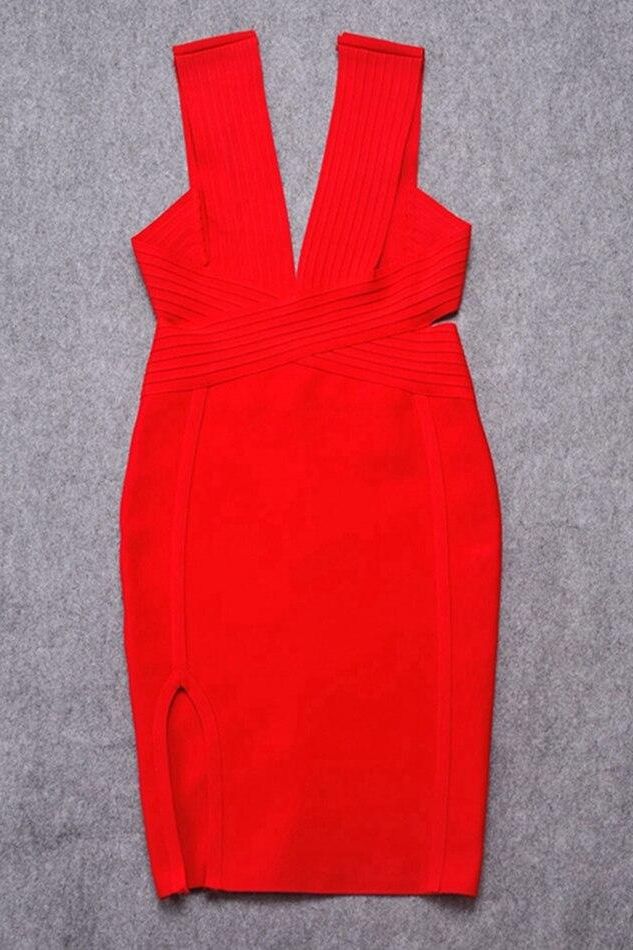 Woman wearing a figure flattering Pia Bandage Dress - Lipstick Red BODYCON COLLECTION