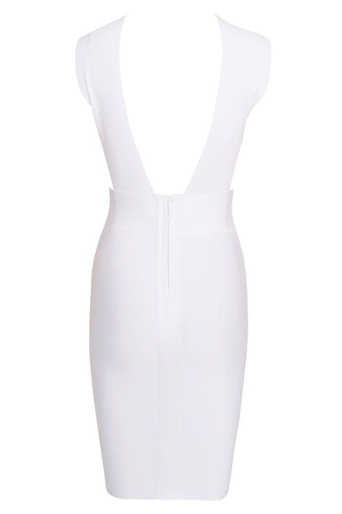 Woman wearing a figure flattering Pia Bandage Dress - Pearl White BODYCON COLLECTION