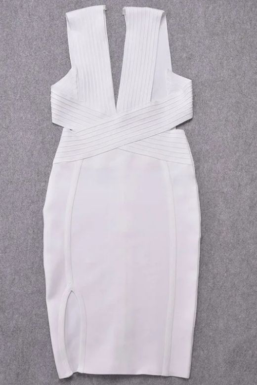 Woman wearing a figure flattering Pia Bandage Dress - White Pearl BODYCON COLLECTION