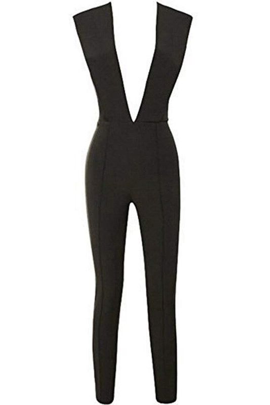 Woman wearing a figure flattering Pia Bandage Pants Jumpsuit - Classic Black BODYCON COLLECTION