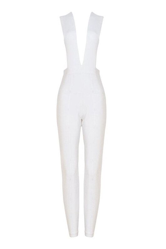 Woman wearing a figure flattering Pia Bandage Pants Jumpsuit - Pearl White BODYCON COLLECTION