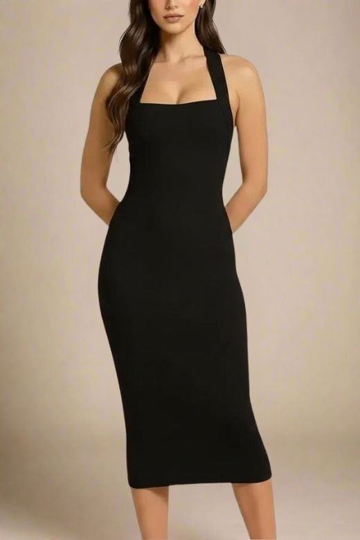 Woman wearing a figure flattering Raya Bodycon Midi Dress - Classic Black BODYCON COLLECTION Pty Ltd