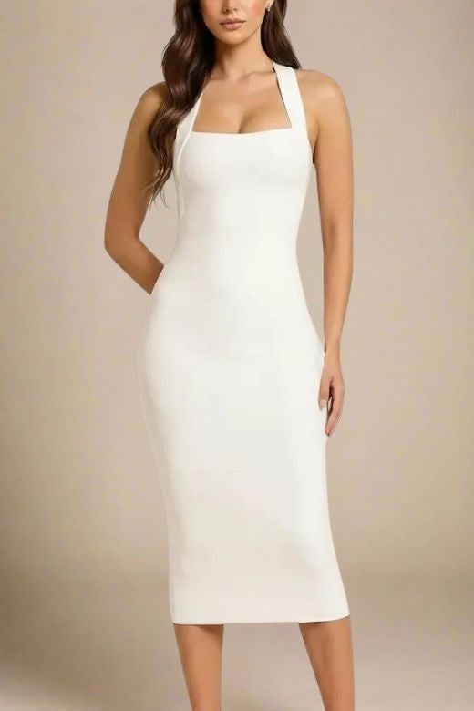 Woman wearing a figure flattering Raya Bodycon Midi Dress - White Pearl BODYCON COLLECTION Pty Ltd