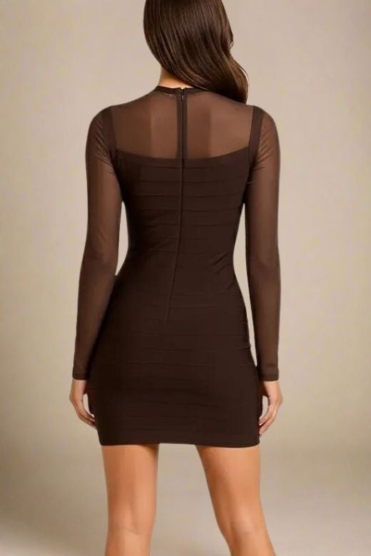 Woman wearing a figure flattering Robin Long Sleeve Bandage Mini Dress - Tan Brown BODYCON COLLECTION Pty Ltd