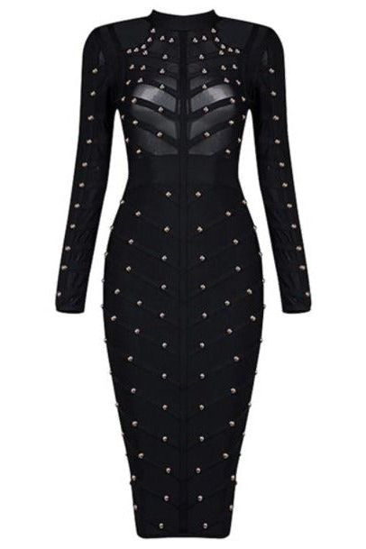 Woman wearing a figure flattering Rosa Long Sleeve Bodycon Dress - Classic Black BODYCON COLLECTION