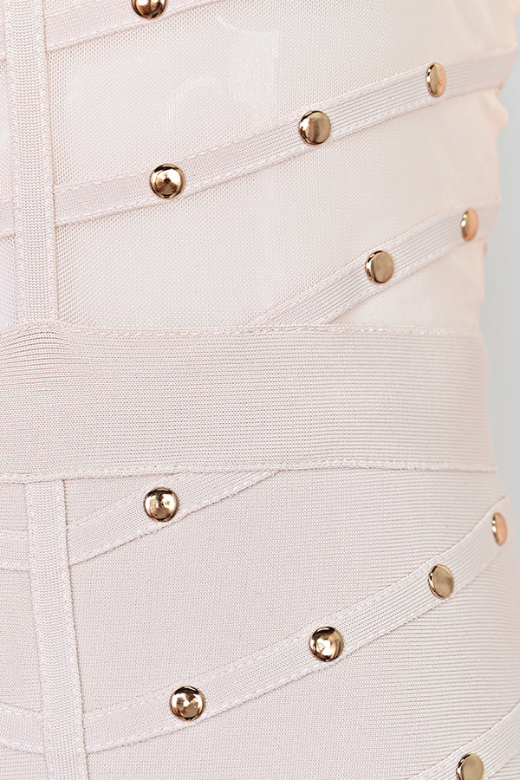 Woman wearing a figure flattering Rosa Long Sleeve Bodycon Dress - Cream BODYCON COLLECTION