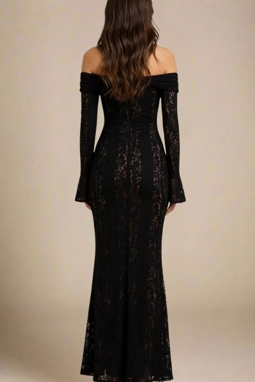 Woman wearing a figure flattering Rose Long Sleeve Bodycon Maxi Dress - Classic Black BODYCON COLLECTION