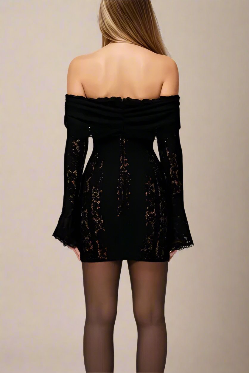 Woman wearing a figure flattering Rose Long Sleeve Bodycon Mini Dress - Classic Black BODYCON COLLECTION