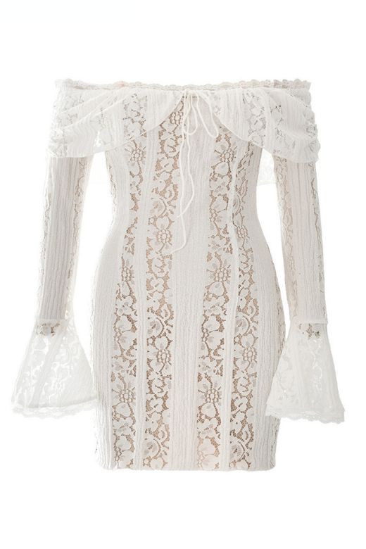 Woman wearing a figure flattering Rose Long Sleeve Bodycon Mini Dress - Pearl White BODYCON COLLECTION