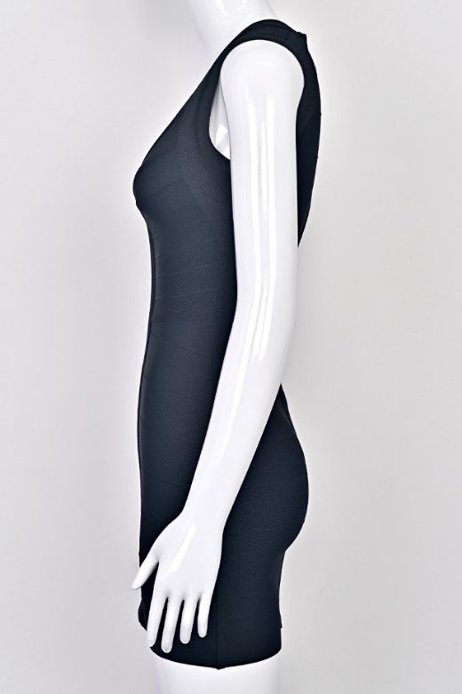 Woman wearing a figure flattering Sabrina Bandage Mini Dress - Classic Black BODYCON COLLECTION Pty Ltd