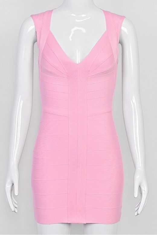 Woman wearing a figure flattering Sabrina Bandage Mini Dress - Dusty Pink BODYCON COLLECTION Pty Ltd