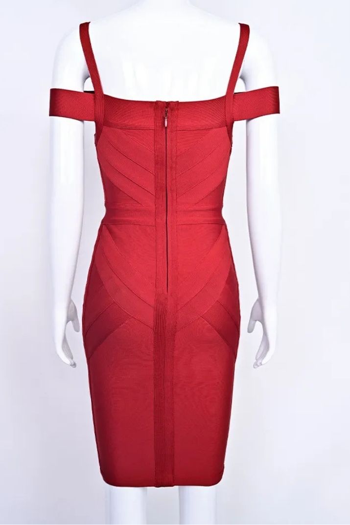 Woman wearing a figure flattering Sophia Bandage Dress - Lipstick Red Bodycon Collection