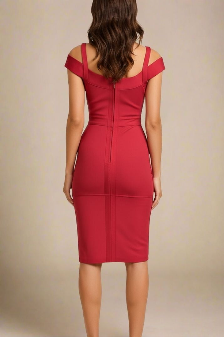 Woman wearing a figure flattering Sophia Bandage Dress - Lipstick Red Bodycon Collection