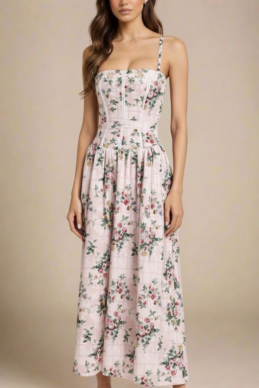 Woman wearing a figure flattering Tasmin Midi Dress - Beige Cream BODYCON COLLECTION