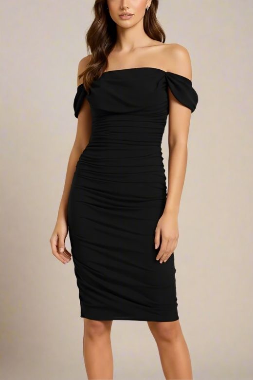 Woman wearing a figure flattering Zia Bodycon Wrap Dress - Classic Black Bodycon Collection