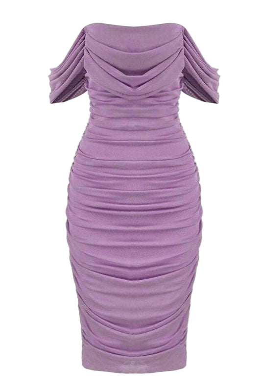 Woman wearing a figure flattering Zia Bodycon Wrap Midi Dress - Violet Bodycon Collection