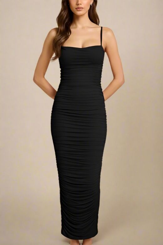 Woman wearing a figure flattering Zoe Bodycon Wrap Maxi Dress - Classic Black Bodycon Collection