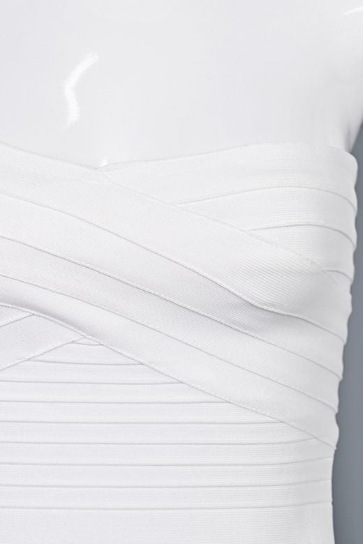 Woman wearing a figure flattering  Aaliyah Bandage Mini Dress - White Pearl BODYCON COLLECTION