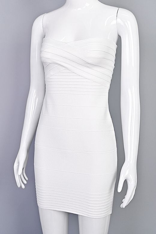 Woman wearing a figure flattering  Aaliyah Bandage Mini Dress - White Pearl BODYCON COLLECTION