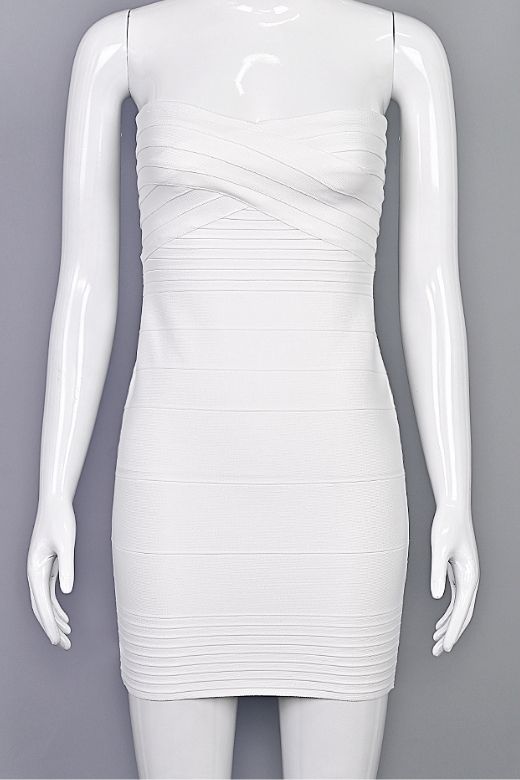 Woman wearing a figure flattering  Aaliyah Bandage Mini Dress - White Pearl BODYCON COLLECTION