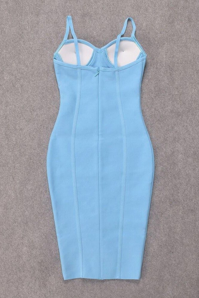Woman wearing a figure flattering  Abi Bandage Dress - Sky Blue Bodycon Collection