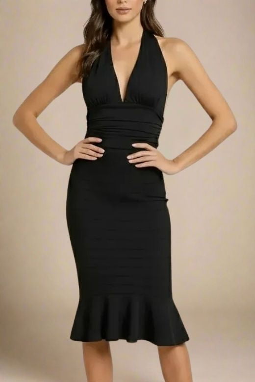 Woman wearing a figure flattering  Aby Halter Top - Classic Black BODYCON COLLECTION Pty Ltd