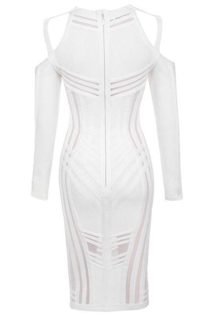 Woman wearing a figure flattering  Amelia Long Sleeve Bandage Dress - Pearl White BODYCON COLLECTION