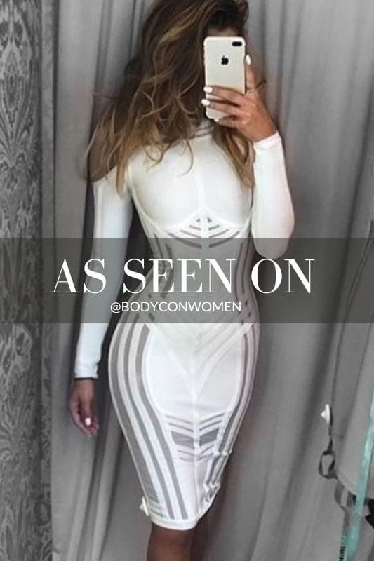 Woman wearing a figure flattering  Amelia Long Sleeve Bandage Dress - Pearl White BODYCON COLLECTION