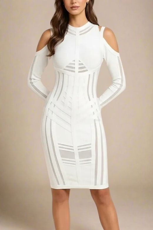 Woman wearing a figure flattering  Amelia Long Sleeve Bandage Dress - White Pearl BODYCON COLLECTION