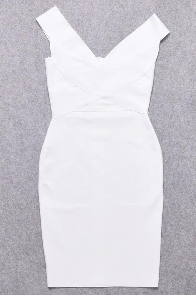 Woman wearing a figure flattering  Ash Bandage Dress - Pearl White Bodycon Collection