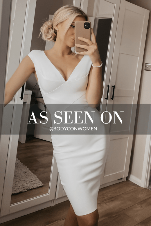 Woman wearing a figure flattering  Ash Bandage Dress - Pearl White Bodycon Collection
