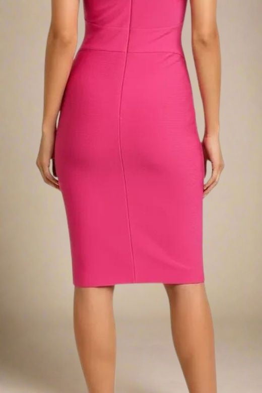 Woman wearing a figure flattering  Bea Bandage Dress - Hot Pink Bodycon Collection