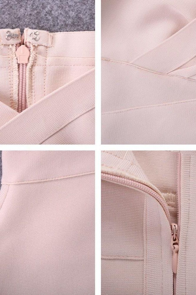 Woman wearing a figure flattering  Bea Bandage Dress - Nude Bodycon Collection