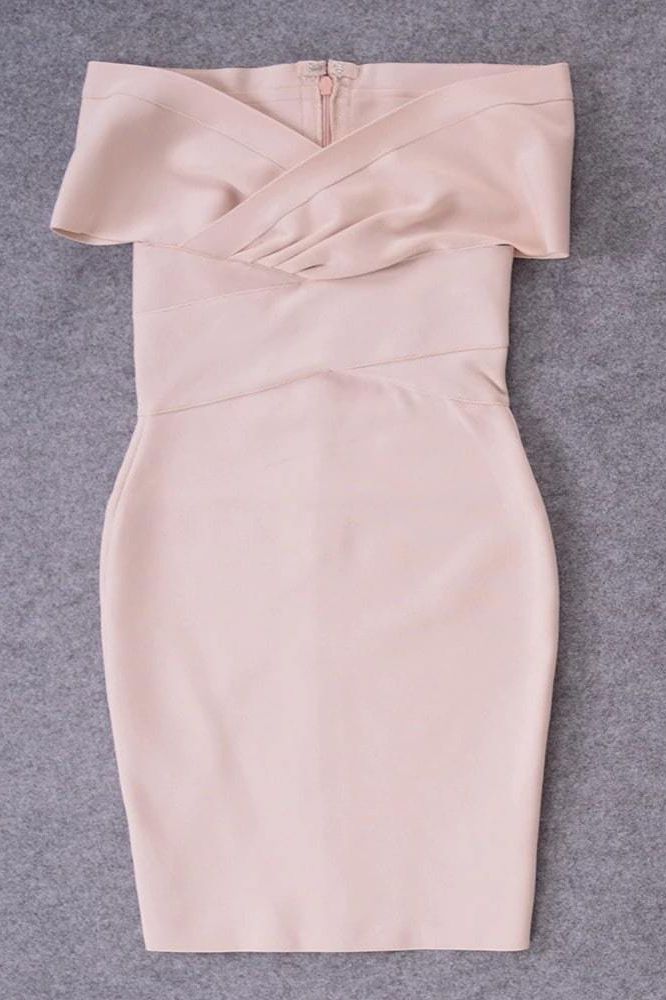 Woman wearing a figure flattering  Bea Bandage Dress - Nude Bodycon Collection