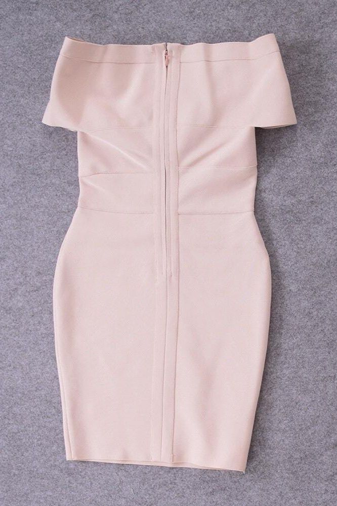 Woman wearing a figure flattering  Bea Bandage Dress - Nude Bodycon Collection