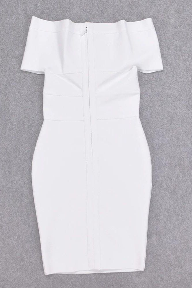 Woman wearing a figure flattering  Bea Bandage Dress - Pearl White Bodycon Collection