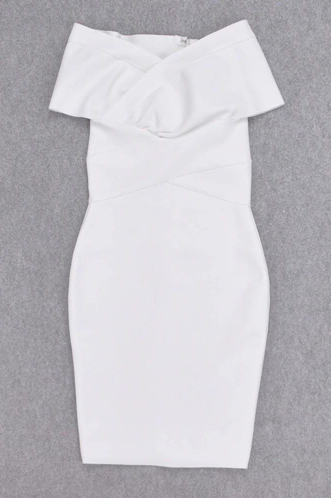 Woman wearing a figure flattering  Bea Bandage Dress - Pearl White Bodycon Collection