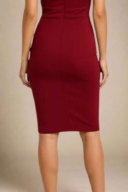 Woman wearing a figure flattering  Bea Bandage Dress - Red Wine Bodycon Collection