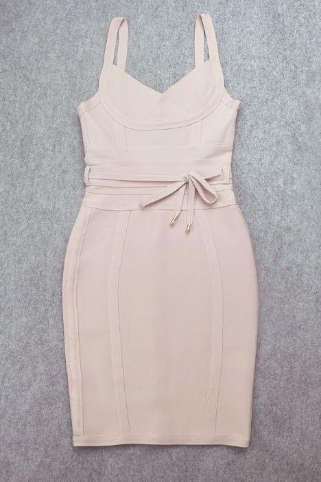 Woman wearing a figure flattering  Bek Bandage Dress - Cream Bodycon Collection