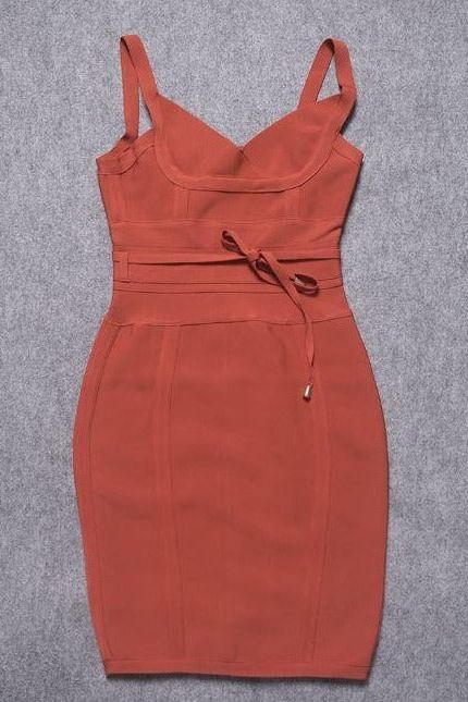 Woman wearing a figure flattering  Bek Bandage Dress - Deep Tan Brown Bodycon Collection