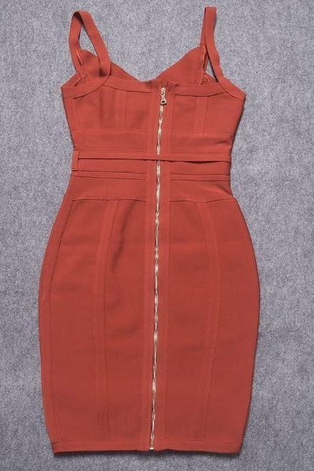 Woman wearing a figure flattering  Bek Bandage Dress - Deep Tan Brown Bodycon Collection