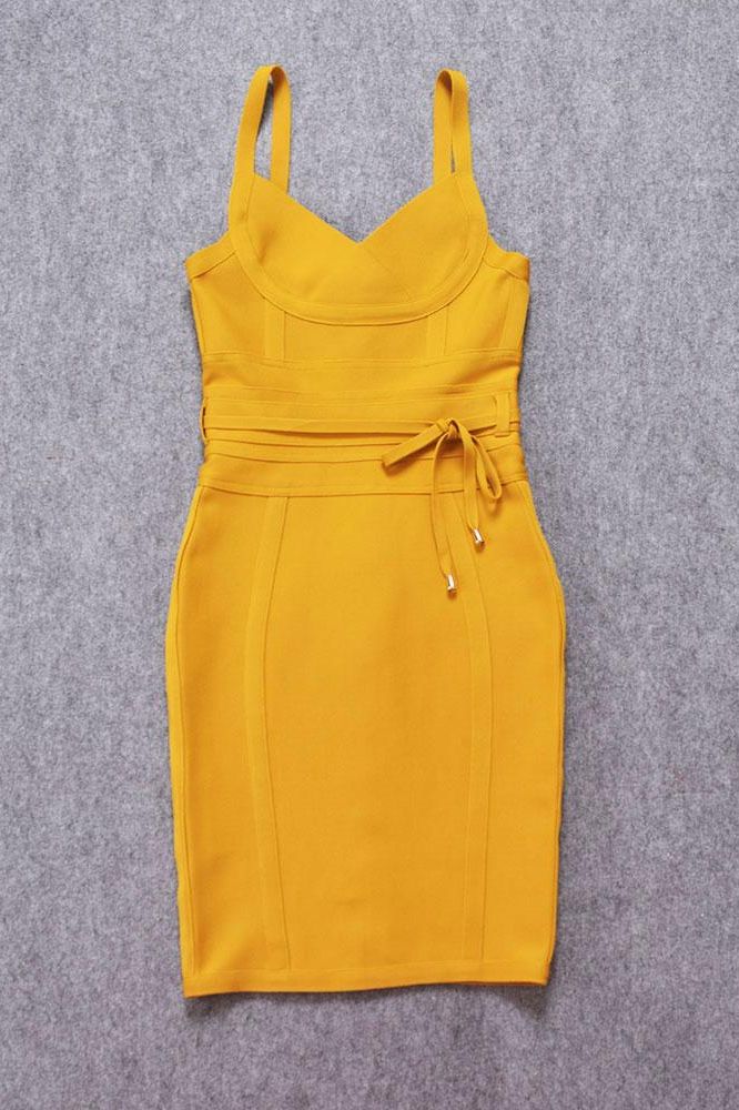 Woman wearing a figure flattering  Bek Bandage Dress - Mustard Yellow Bodycon Collection