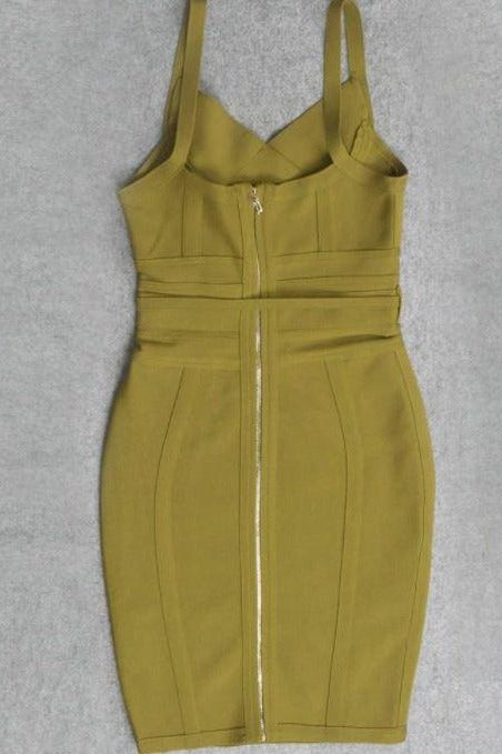 Woman wearing a figure flattering  Bek Bandage Dress - Olive Green Bodycon Collection