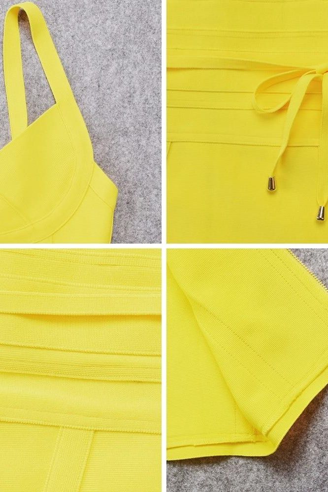 Woman wearing a figure flattering  Bek Bandage Dress - Sun Yellow Bodycon Collection
