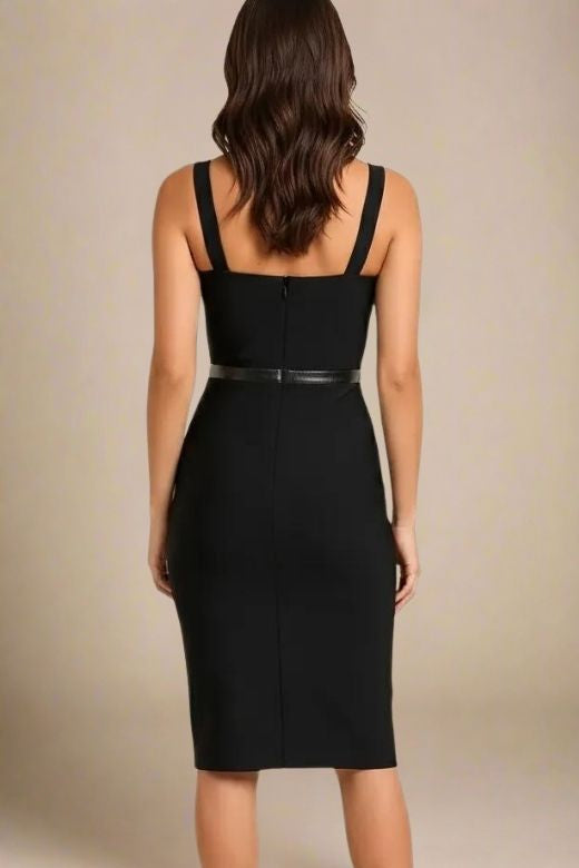 Woman wearing a figure flattering  Beth Bandage Corset Dress - Classic Black BODYCON COLLECTION