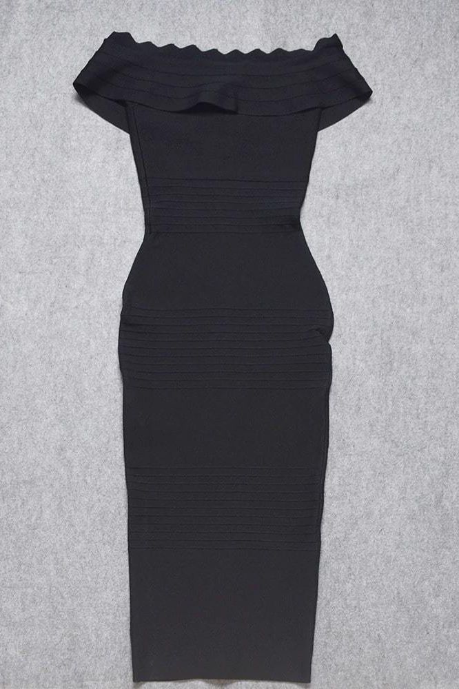 Woman wearing a figure flattering  Billie Bandage Midi Dress - Classic Black Bodycon Collection