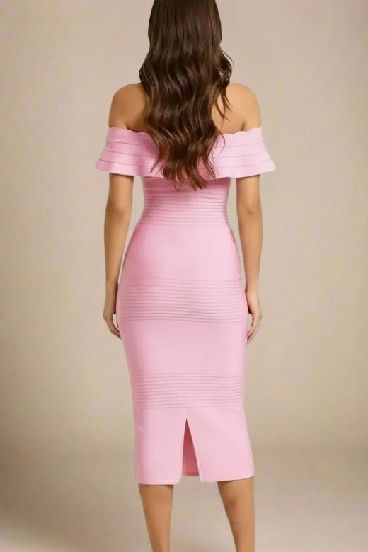 Woman wearing a figure flattering  Billie Bandage Midi Dress - Dusty Pink Bodycon Collection